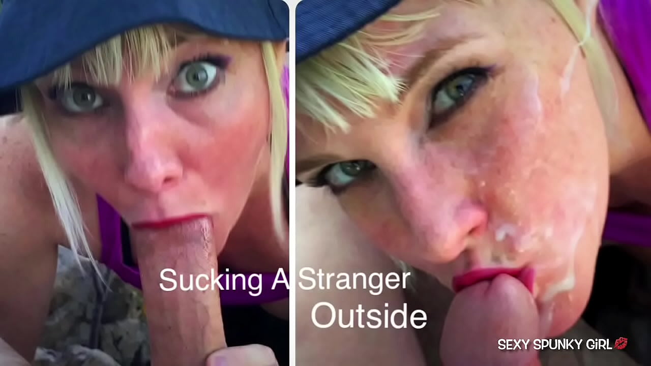 Smygande fru fångade en främling som onanerade i parken och suger sedan hans kuk: sperma i ansiktet med sperma på gatan.